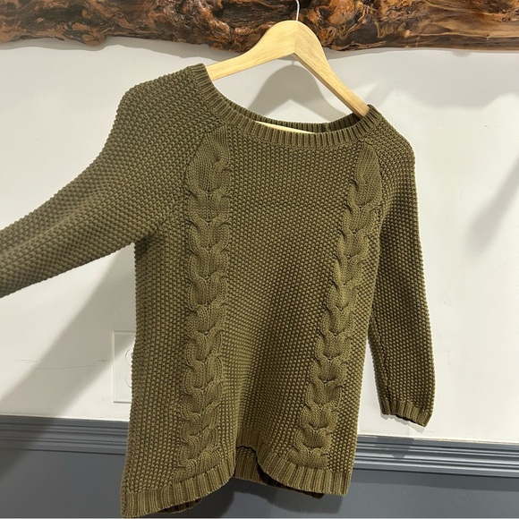 3/4 Sleeve Olive Green Cable Knit Sweater - Picture 4 of 9
